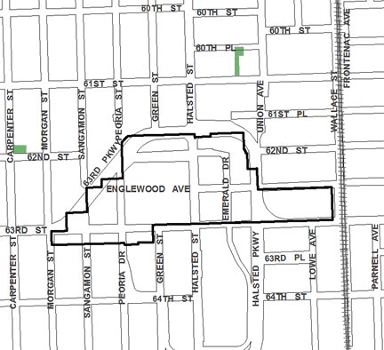Englewood Mall TIF district, roughly bounded on the north by 61st Place, 63rd Street on the south, Wallace Street on the east, and Morgan Street on the west.